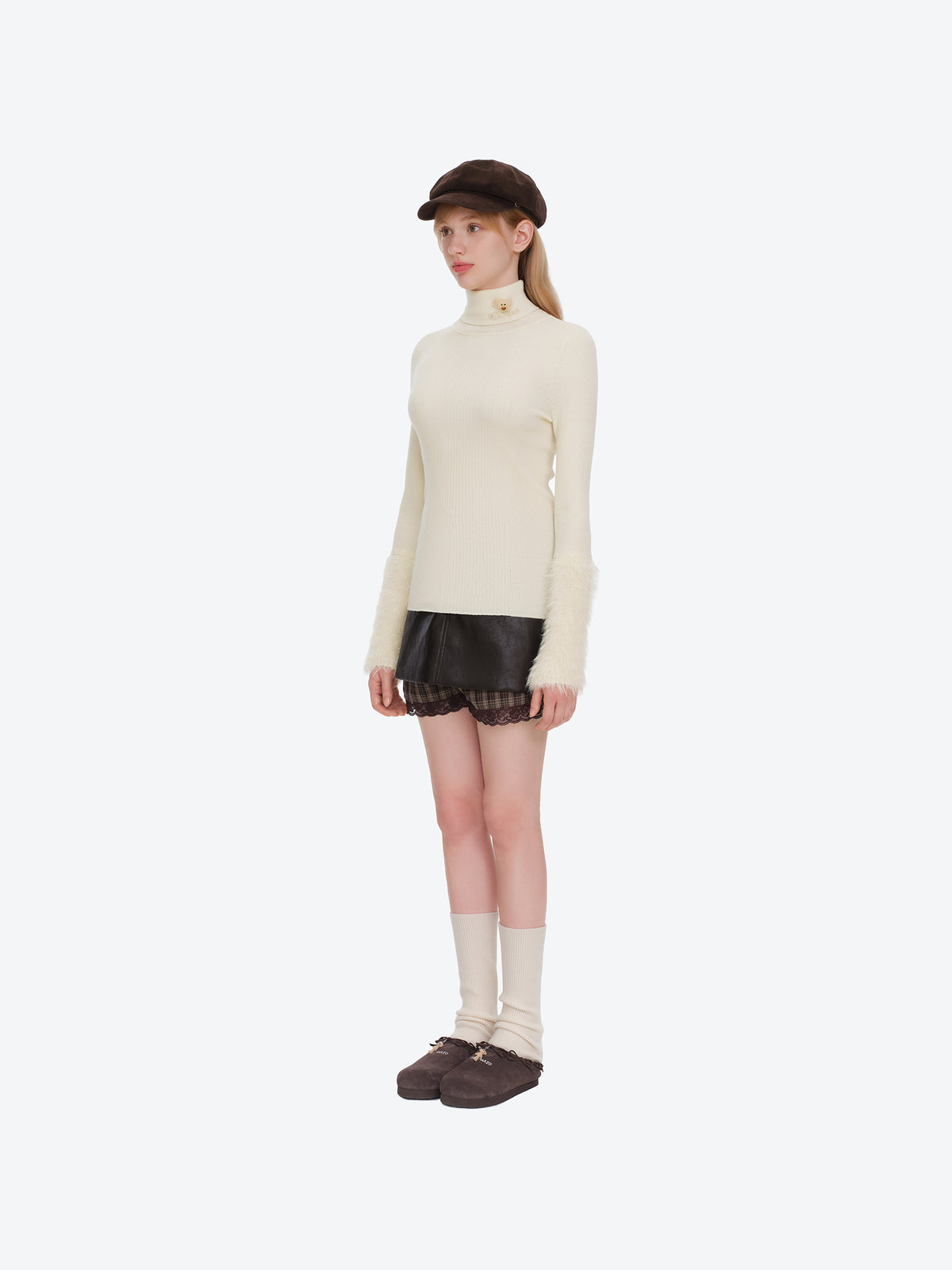 13DE MARZO Furry Slim Fit Knit Top Beige