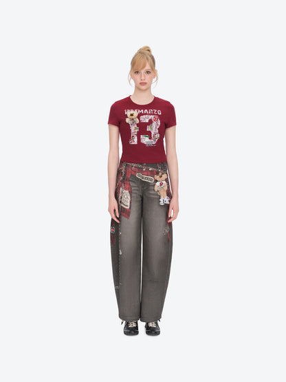 13DE MARZO Rolling Stones Cropped Distressed Tee Red