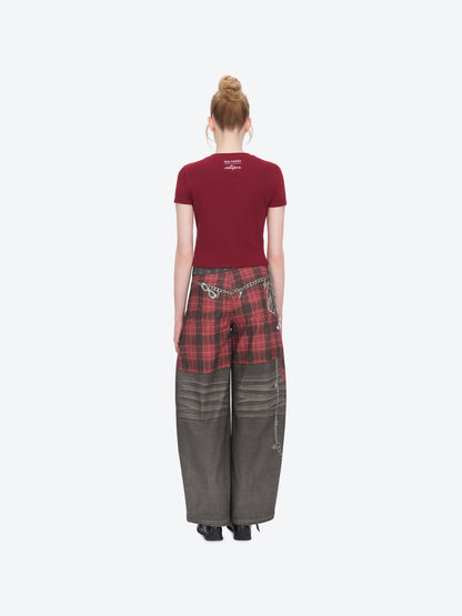 13DE MARZO Rolling Stones Cropped Distressed Tee Red