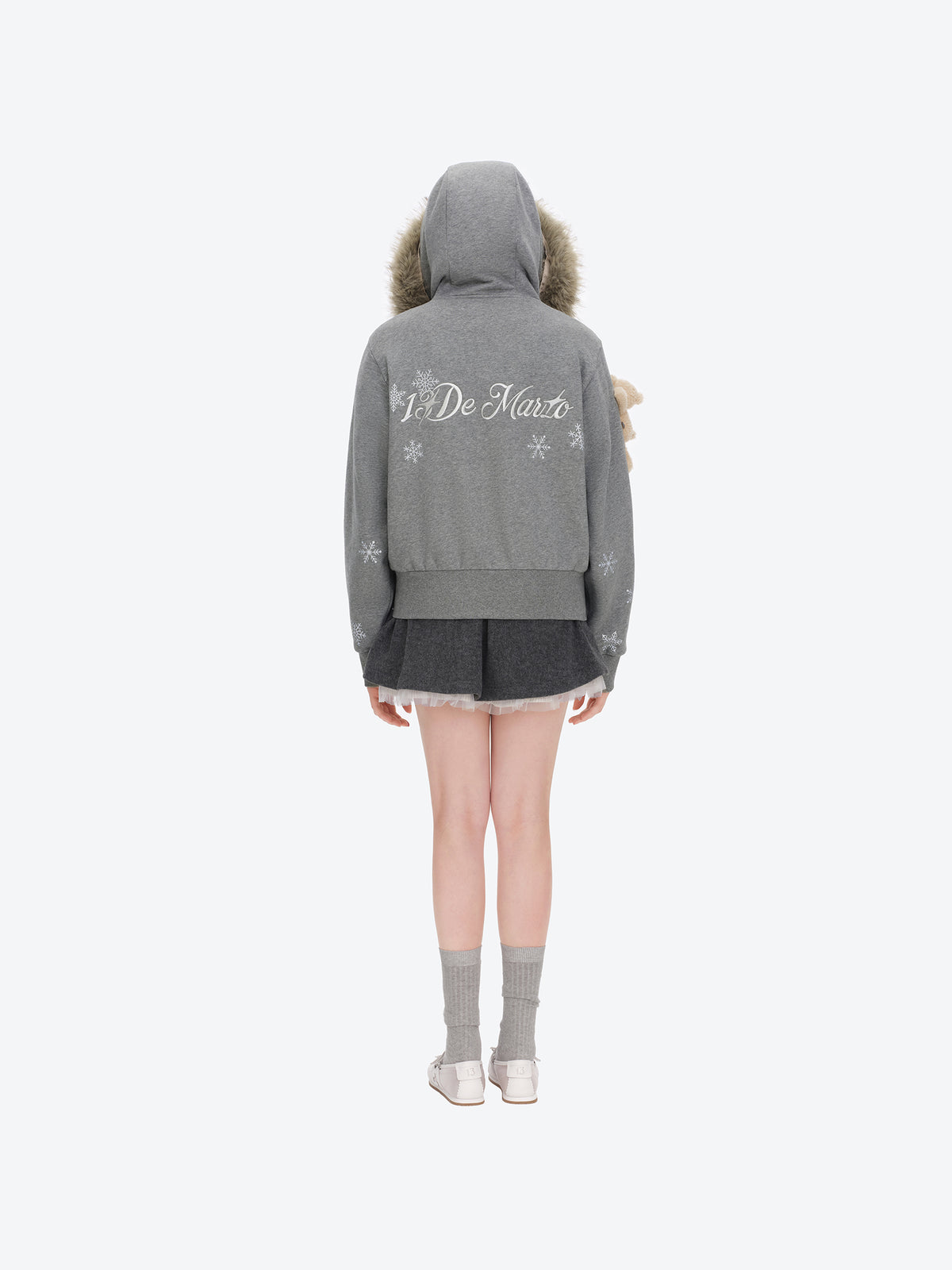 13DE MARZO Shimmer Snow Bear Zip Hoodie Grey