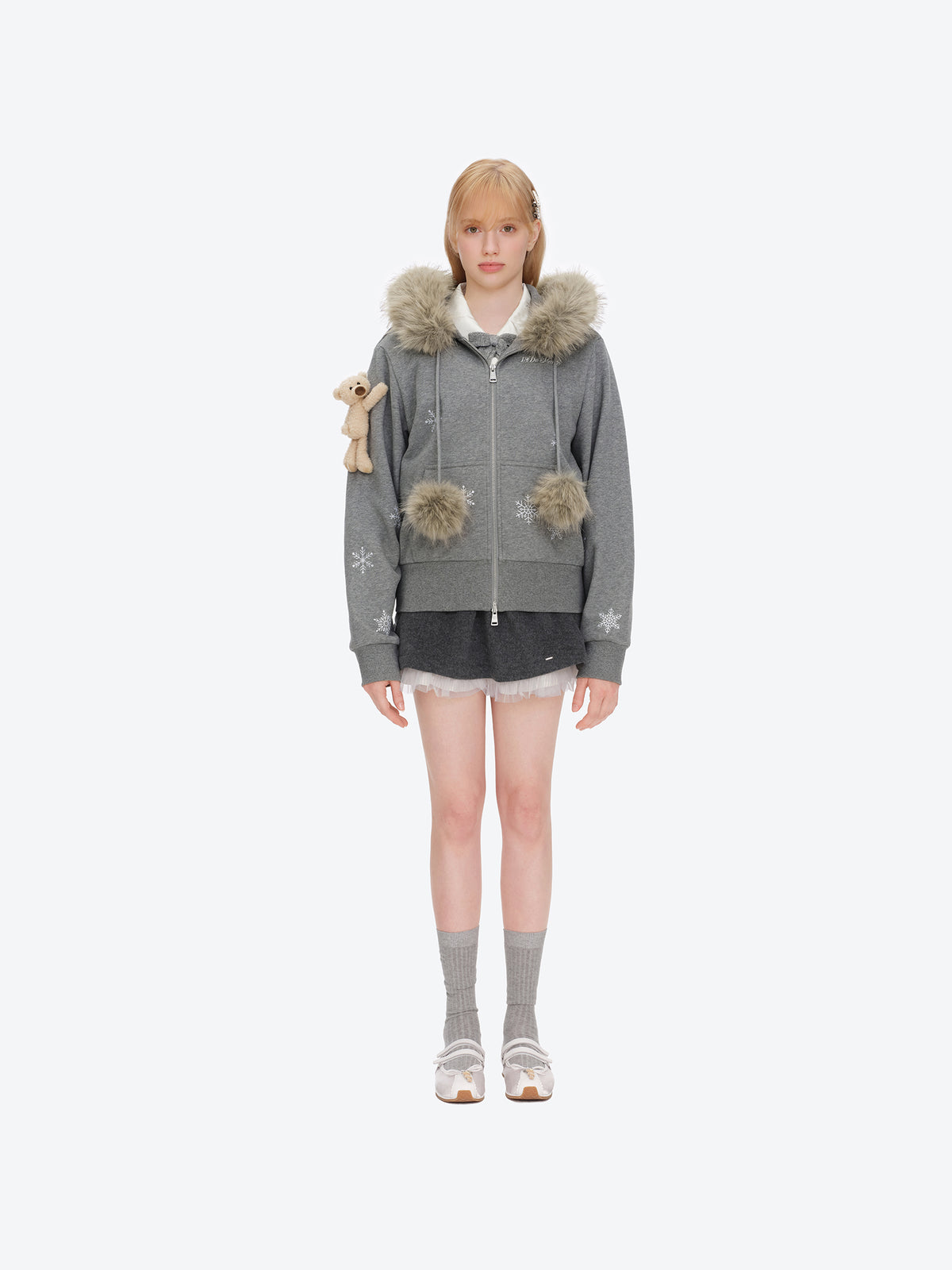 13DE MARZO Shimmer Snow Bear Zip Hoodie Grey