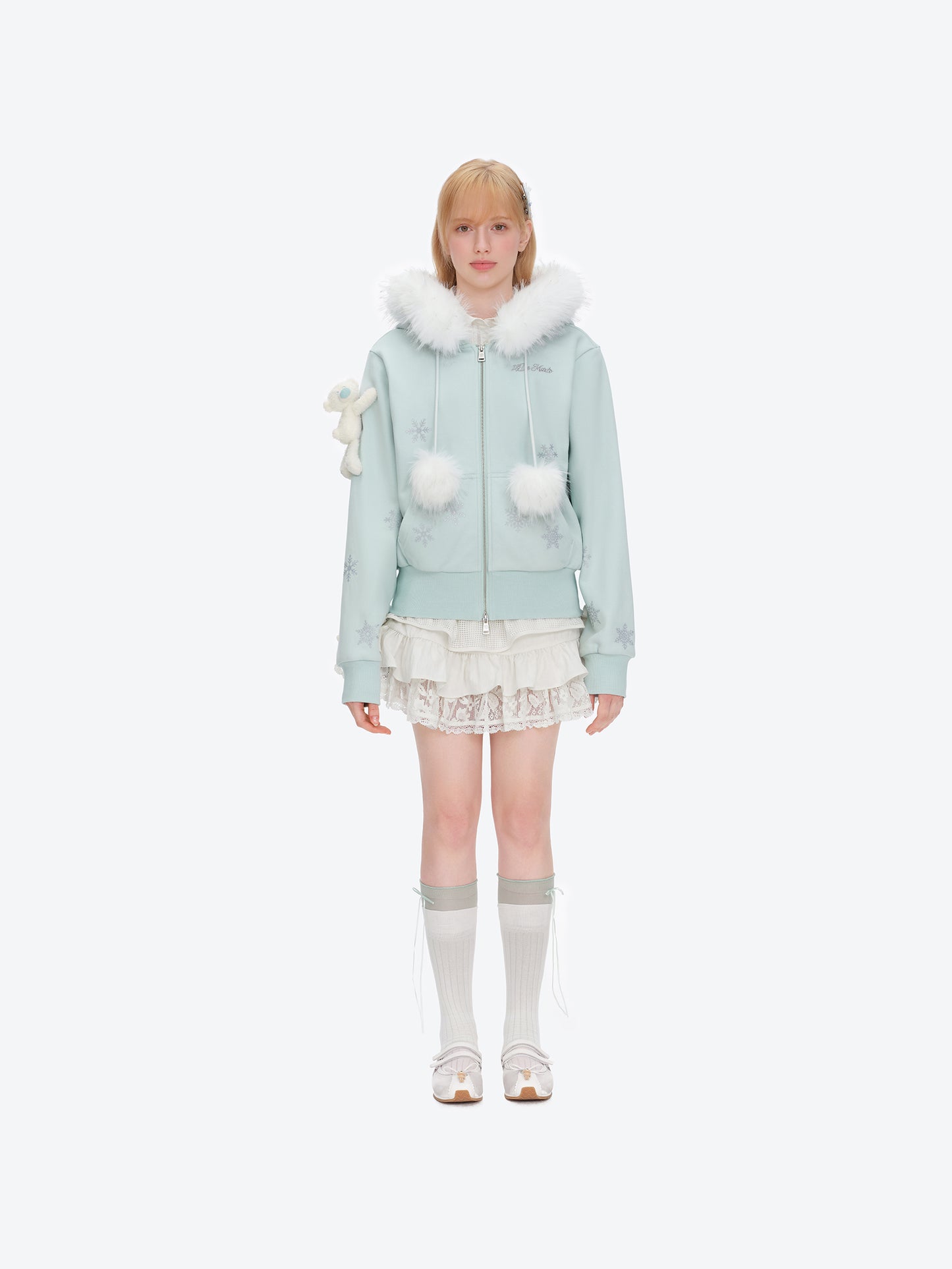 13DE MARZO Shimmer Snow Bear Zip Hoodie Blue