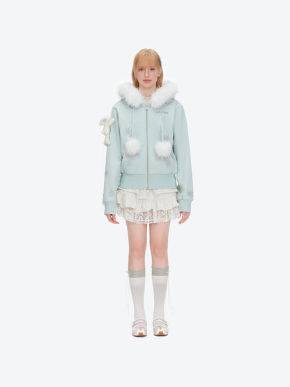 13DE MARZO Shimmer Snow Bear Zip Hoodie Blue
