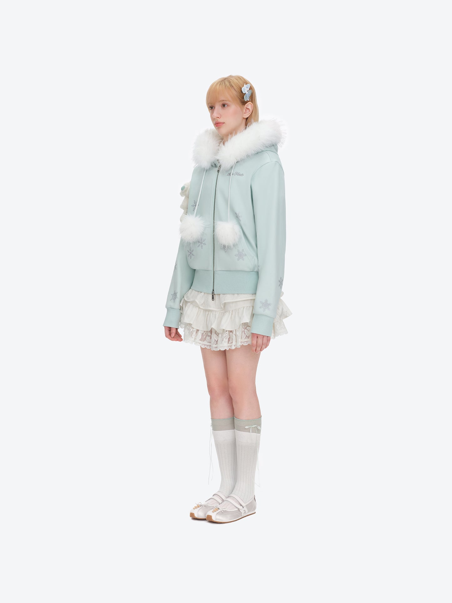 13DE MARZO Shimmer Snow Bear Zip Hoodie Blue