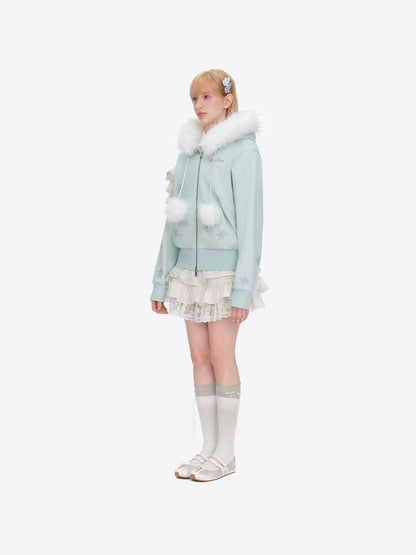 13DE MARZO Shimmer Snow Bear Zip Hoodie Blue