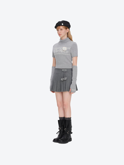 13DE MARZO Mini Bear Knit Pleated Dress Grey