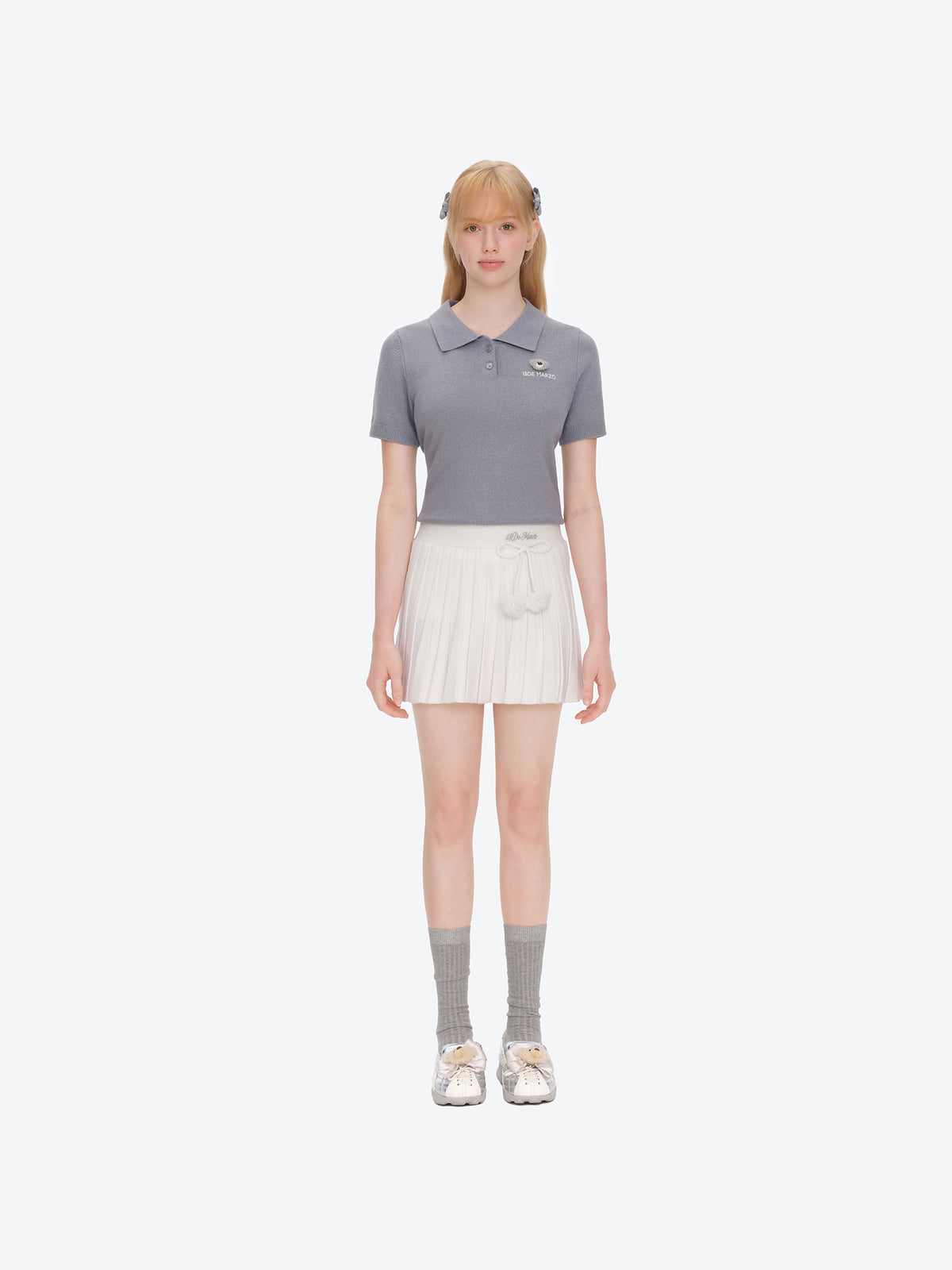 13DE MARZO Mini Bear Knit Pleated Dress White