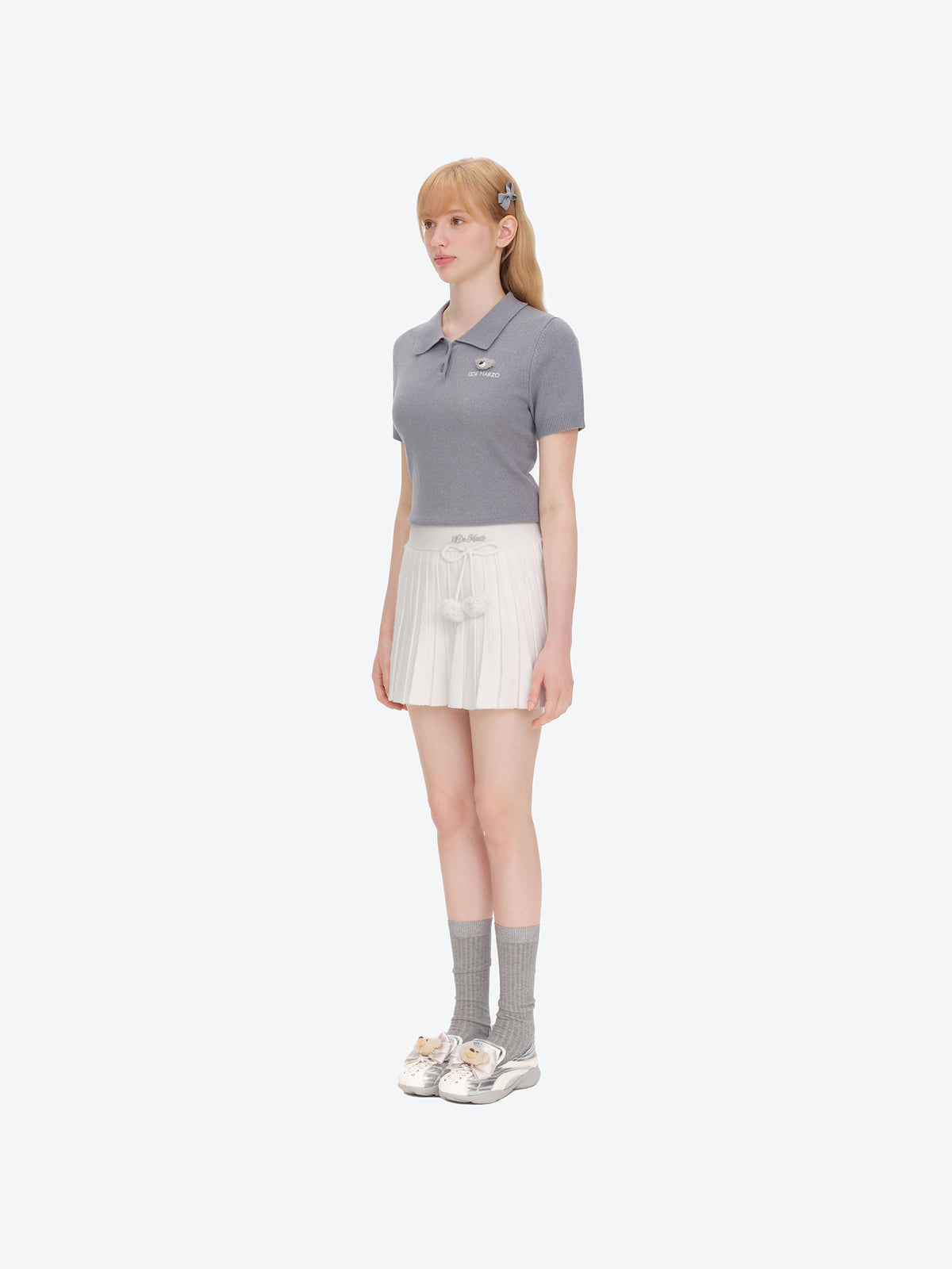 13DE MARZO Mini Bear Knit Pleated Dress White