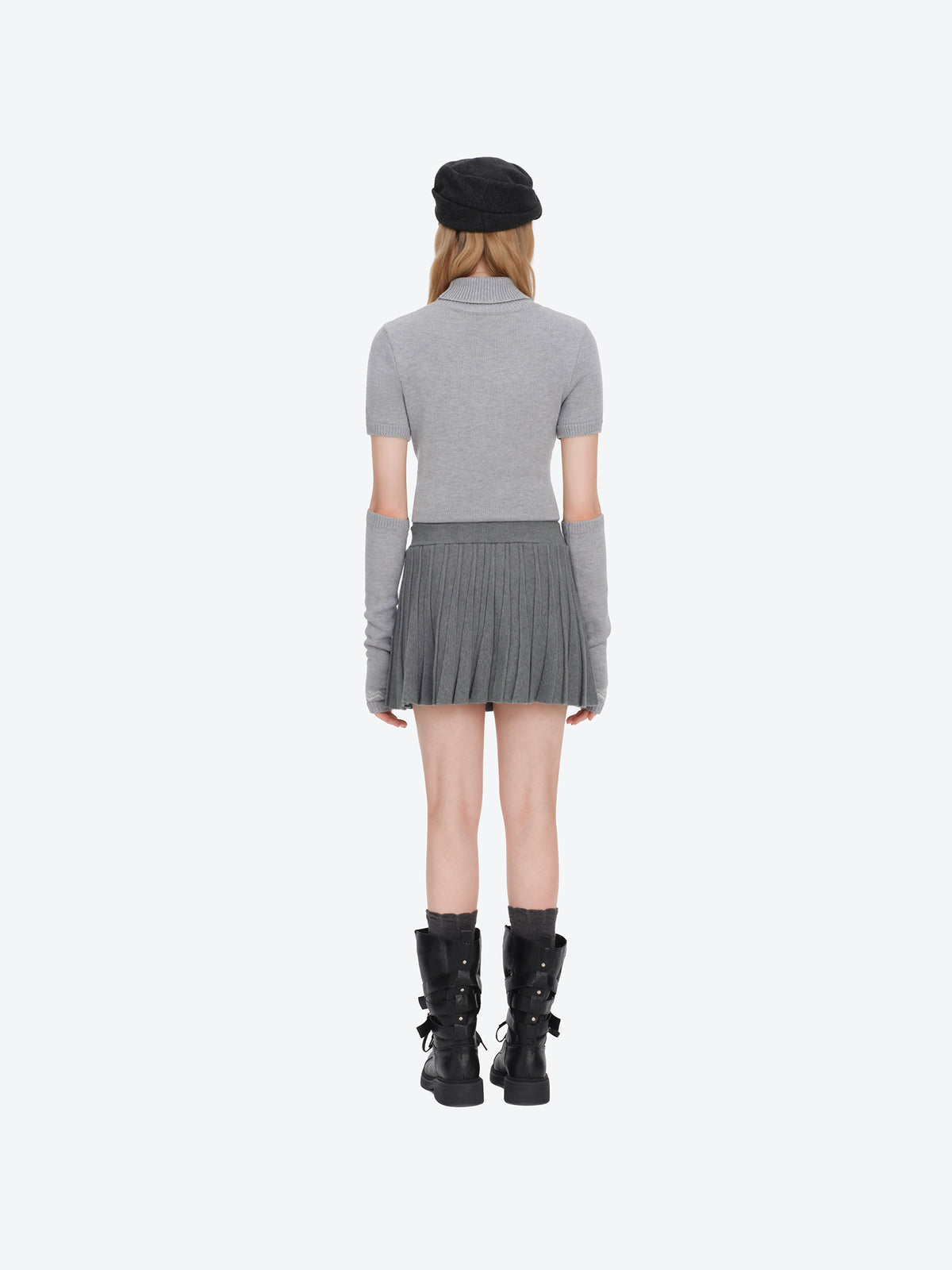 13DE MARZO Mini Bear Knit Pleated Dress Grey