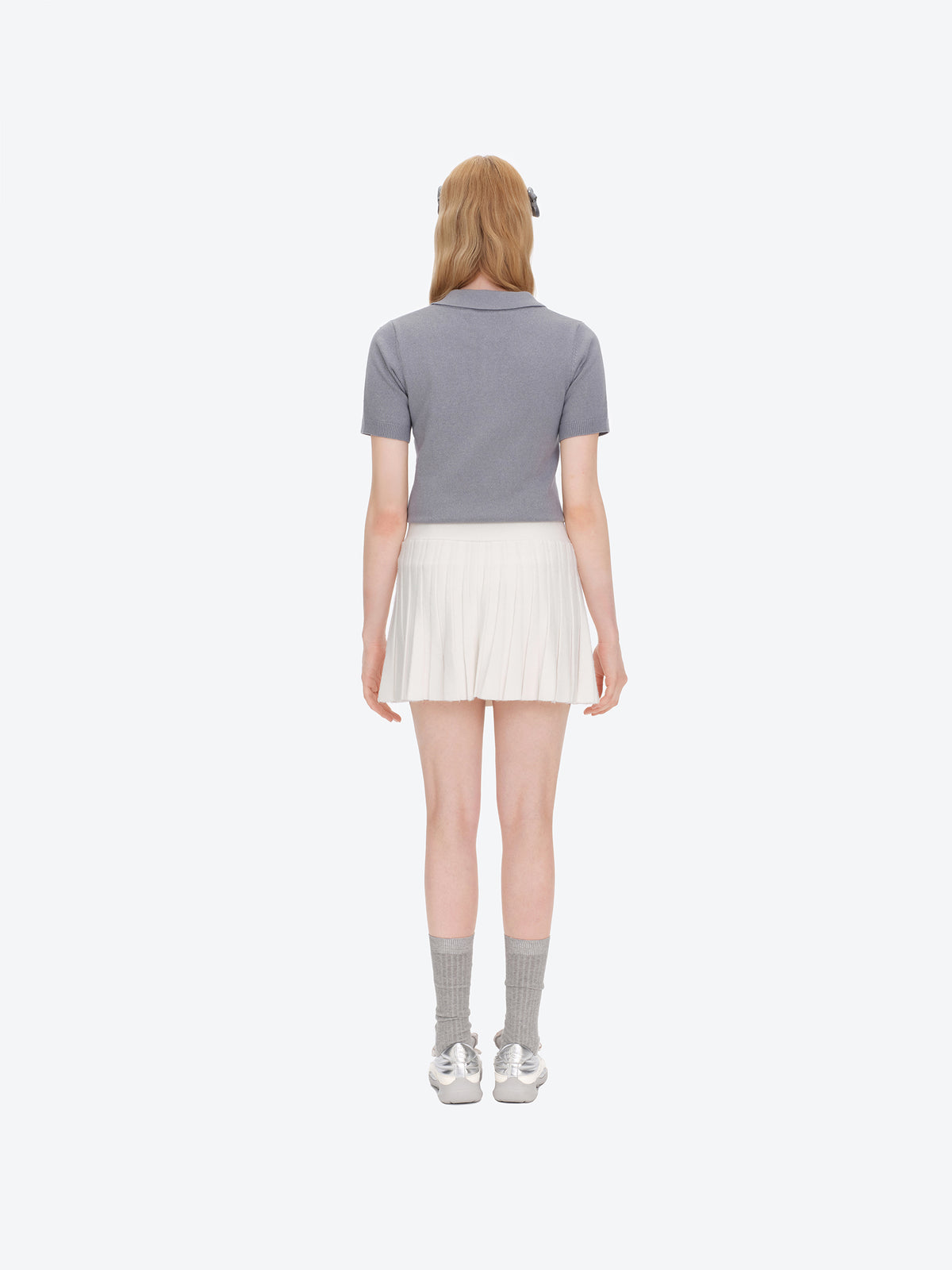 13DE MARZO Mini Bear Knit Pleated Dress White