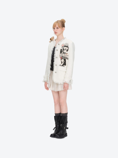 13DE MARZO Rolling Stones Badge Tweed Jacket White