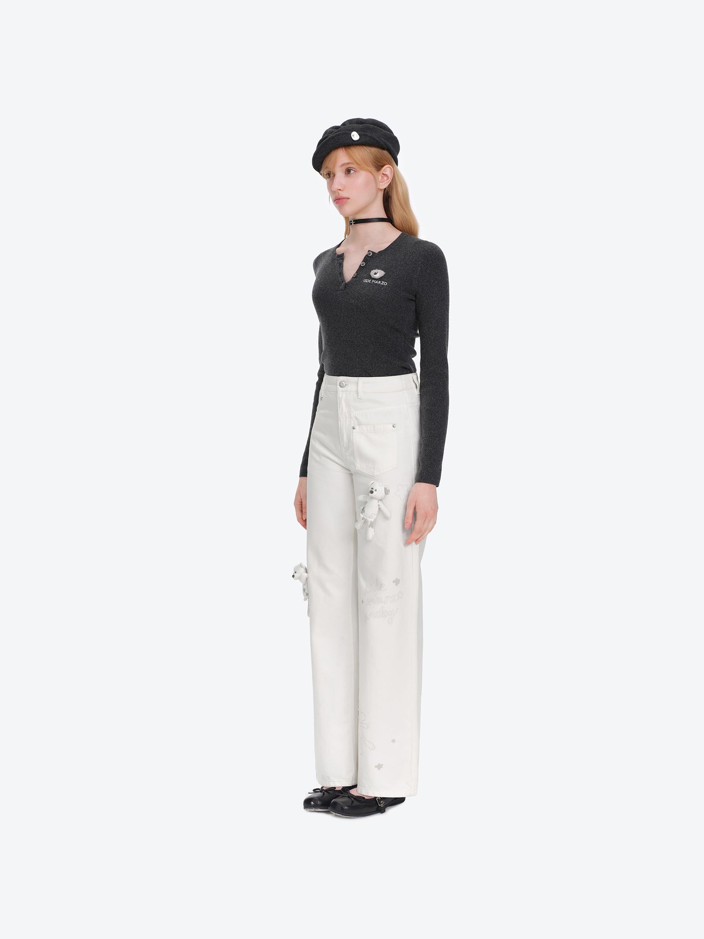 13DE MARZO Doozoo Bear Sketch Print Jeans White