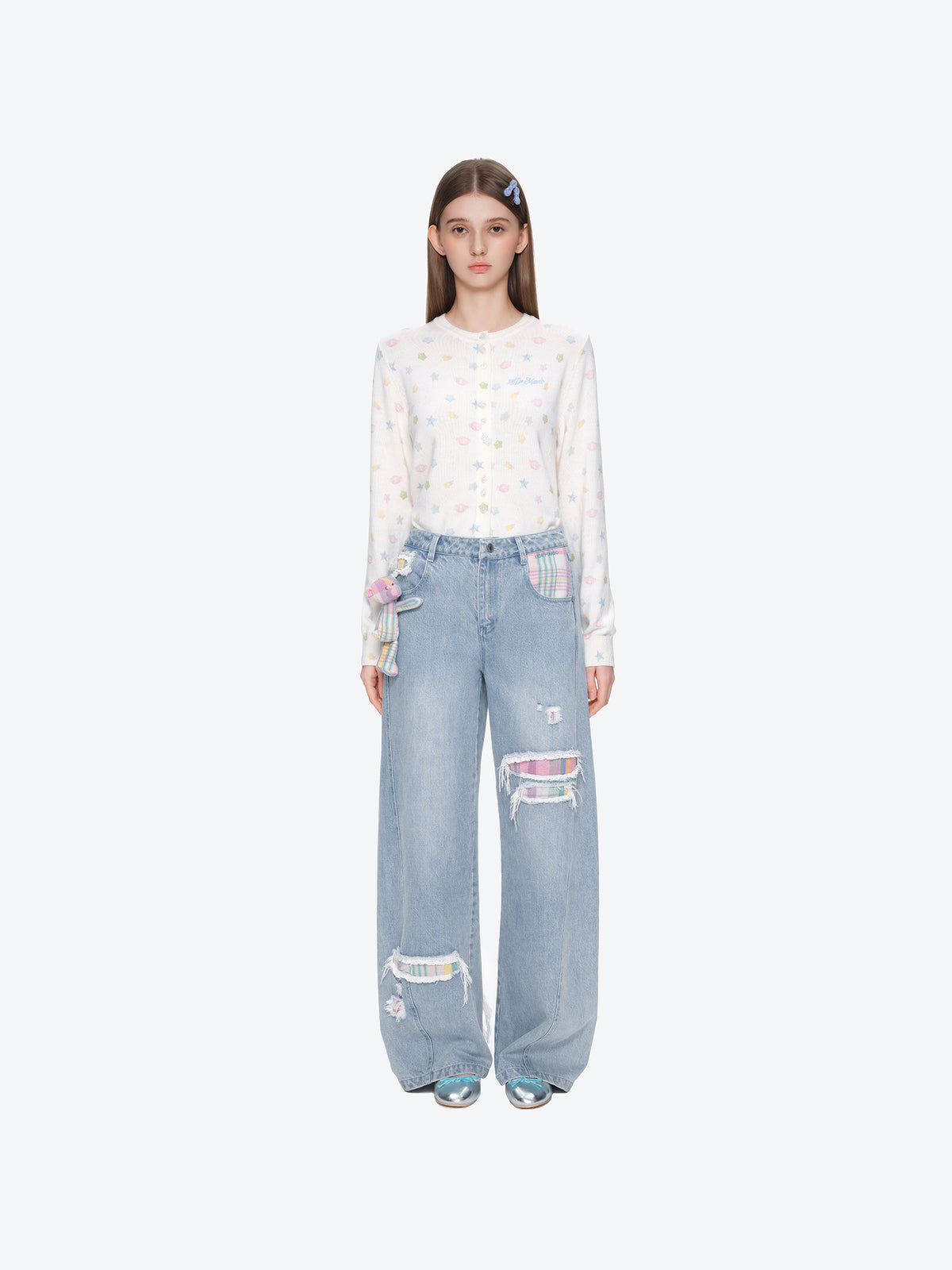13DE MARZO Irregular Plaid Ripped Jeans Blue