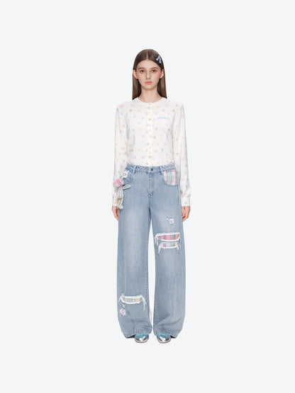 13DE MARZO Irregular Plaid Ripped Jeans Blue