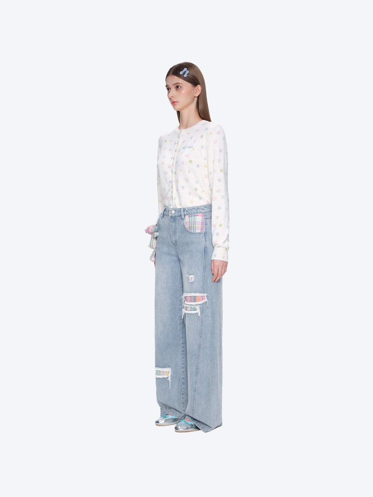 13DE MARZO Irregular Plaid Ripped Jeans Blue