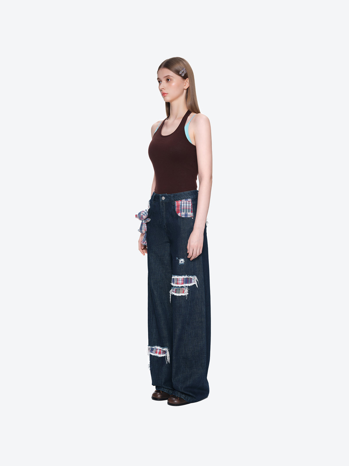 13DE MARZO Irregular Plaid Ripped Jeans Navy Blue