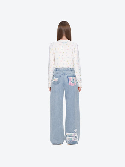 13DE MARZO Irregular Plaid Ripped Jeans Blue
