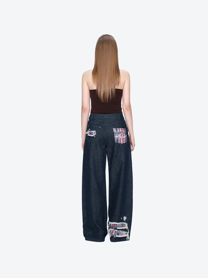 13DE MARZO Irregular Plaid Ripped Jeans Navy Blue