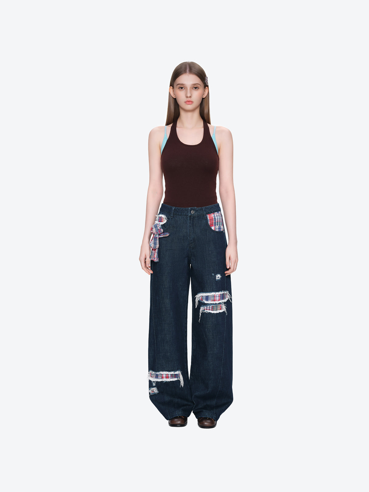 13DE MARZO Irregular Plaid Ripped Jeans Navy Blue