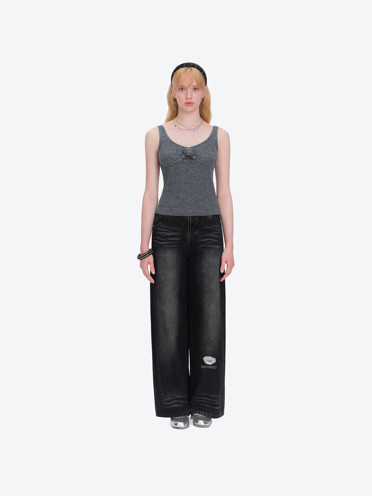13DE MARZO Mini Bear Sequin Camisole Grey