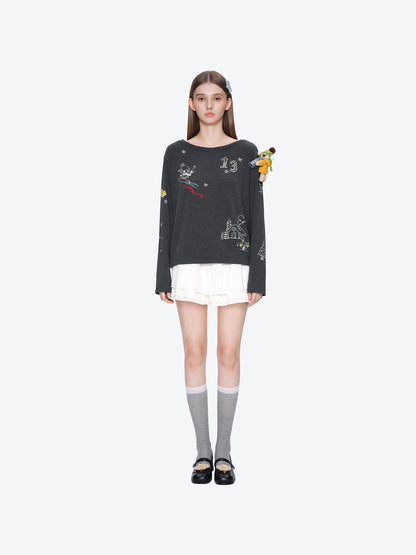 13DE MARZO Graffiti Snow Bear Off Shoulder T-shirt Dark Grey