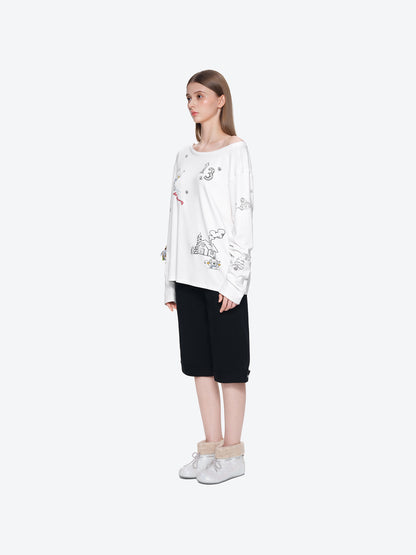 13DE MARZO Graffiti Snow Bear Off Shoulder T-shirt White