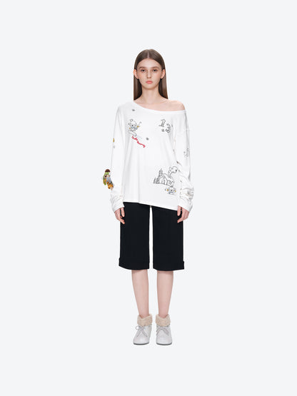 13DE MARZO Graffiti Snow Bear Off Shoulder T-shirt White