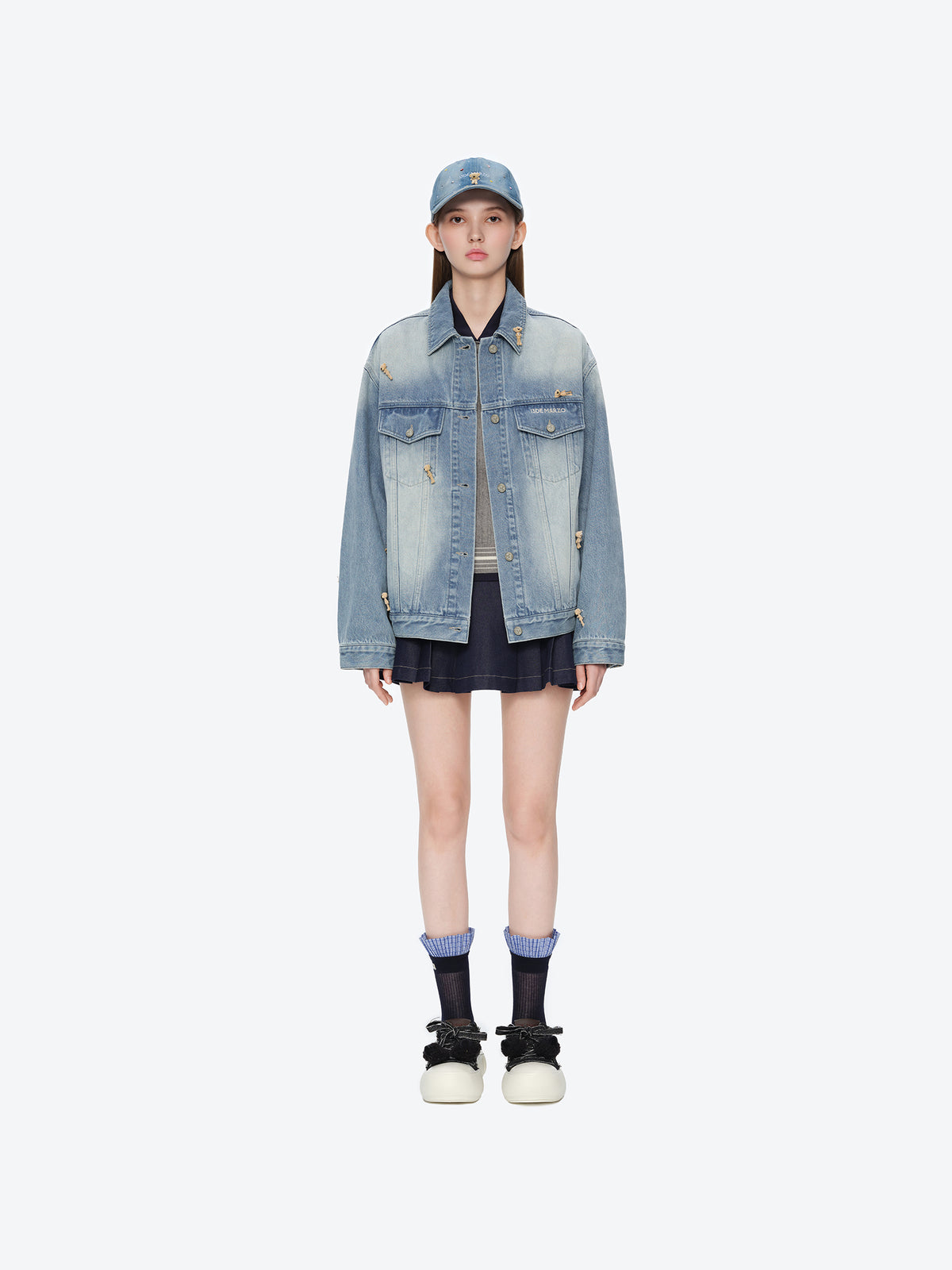 13DE MARZO All-Over Flocked Bear Denim Jacket Blue