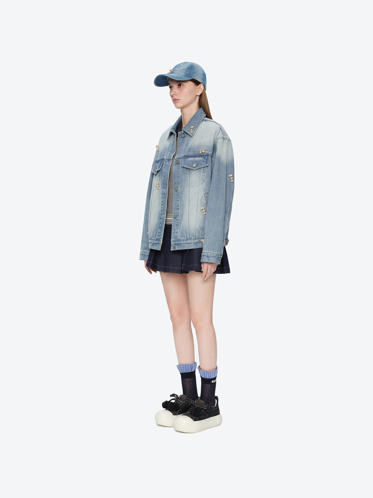 13DE MARZO All-Over Flocked Bear Denim Jacket Blue