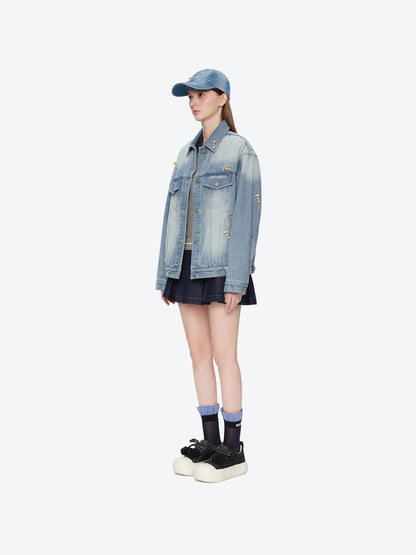 13DE MARZO All-Over Flocked Bear Denim Jacket Blue