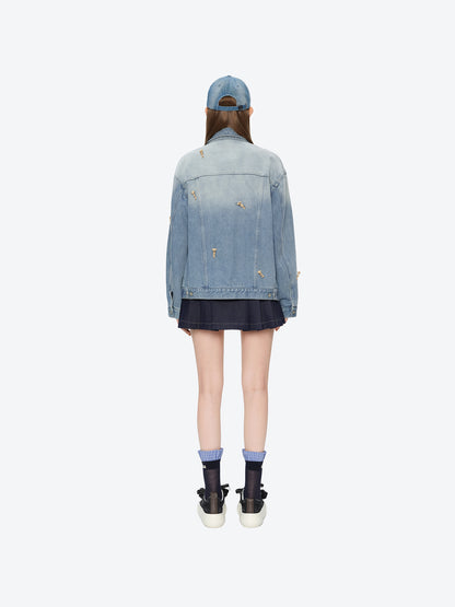 13DE MARZO All-Over Flocked Bear Denim Jacket Blue