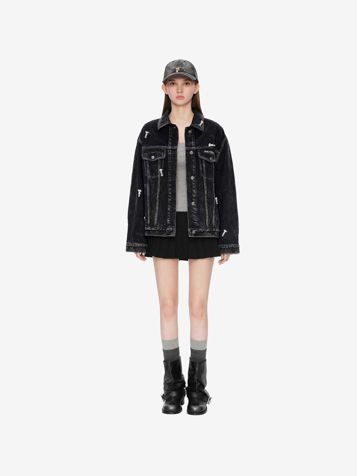 13DE MARZO All-Over Flocked Bear Denim Jacket Black