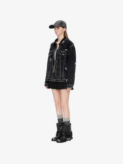 13DE MARZO All-Over Flocked Bear Denim Jacket Black