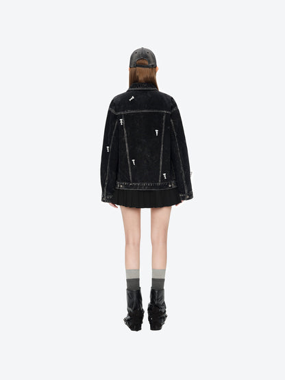 13DE MARZO All-Over Flocked Bear Denim Jacket Black