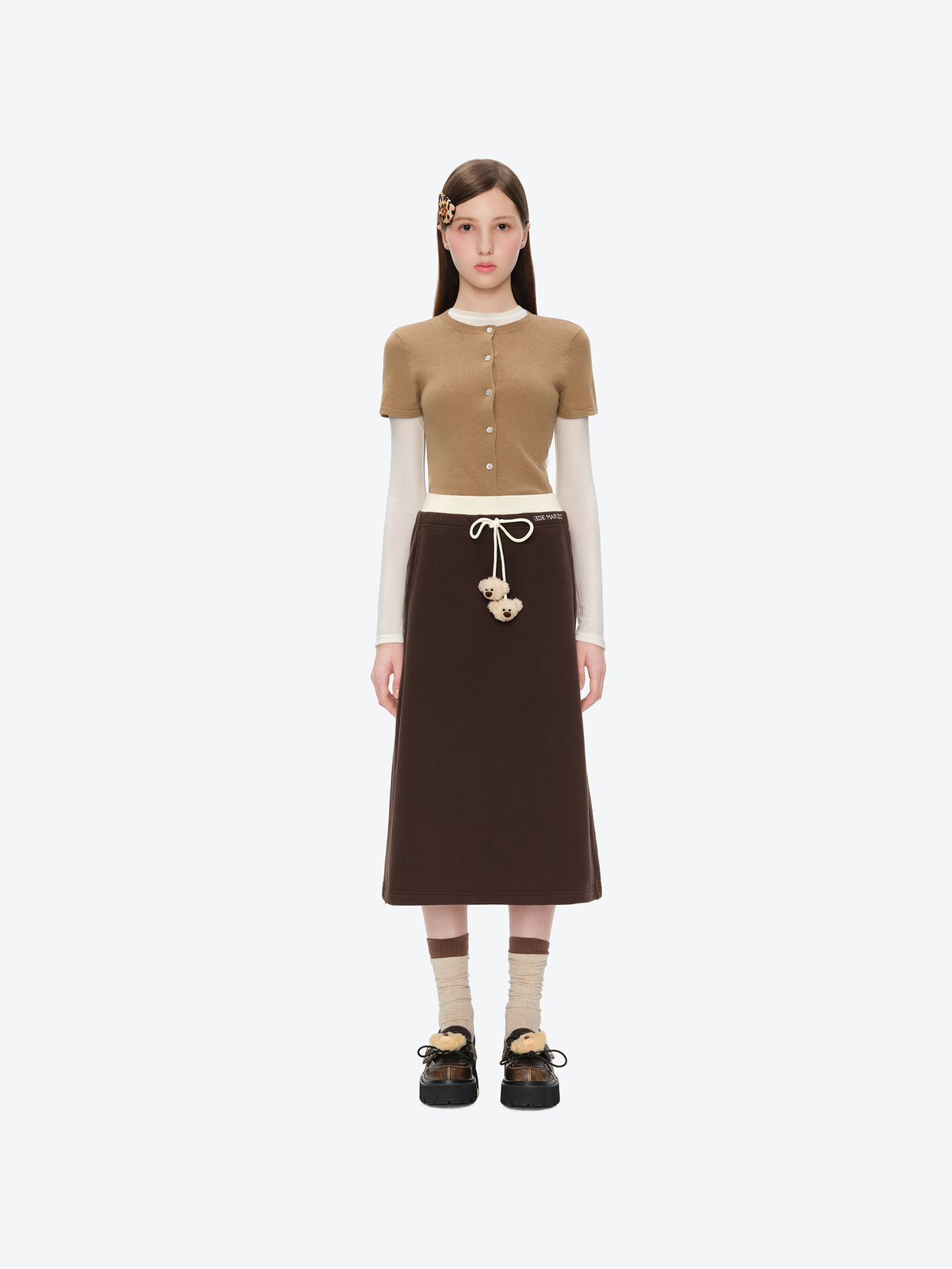 13DE MARZO Color Block Double Waist Skirt Brown