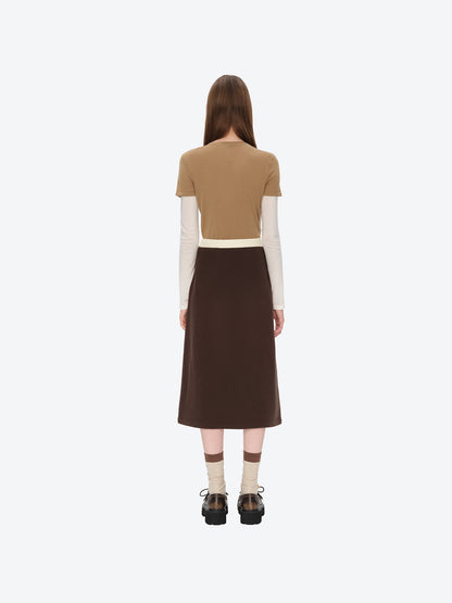 13DE MARZO Color Block Double Waist Skirt Brown