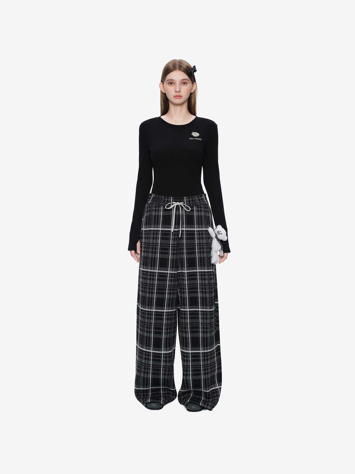 13DE MARZO Knit Jacquard Plaid Pants Black