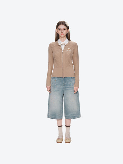 13DE MARZO Mini Bear Slim Fit Knit Zip Cardigan Khaki
