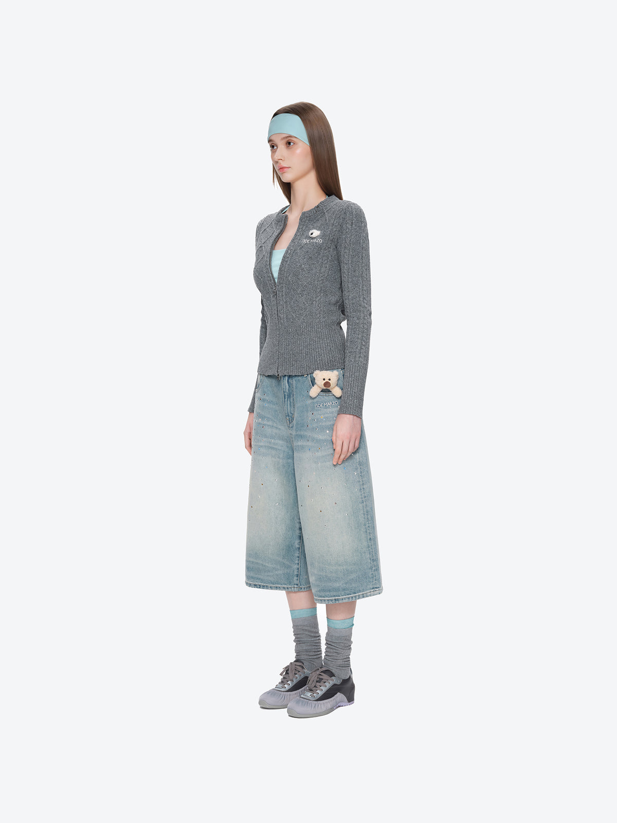 13DE MARZO Mini Bear Slim Fit Knit Zip Cardigan Grey