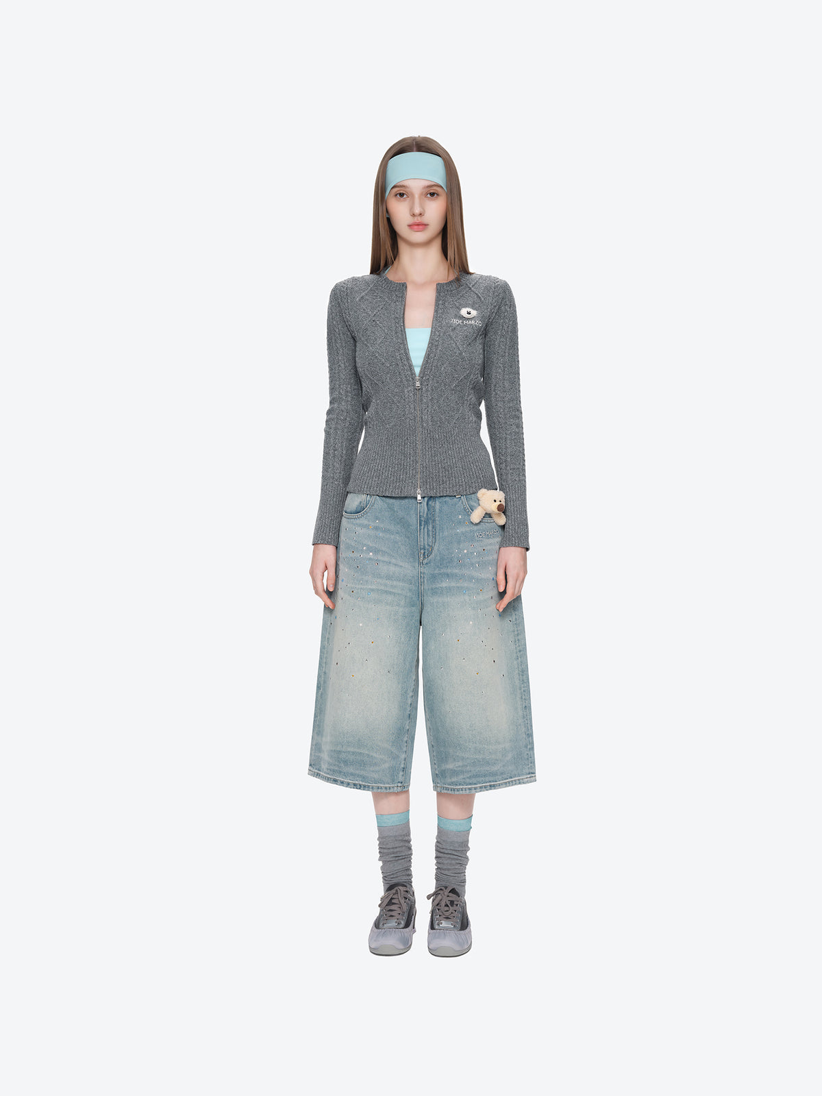 13DE MARZO Mini Bear Slim Fit Knit Zip Cardigan Grey
