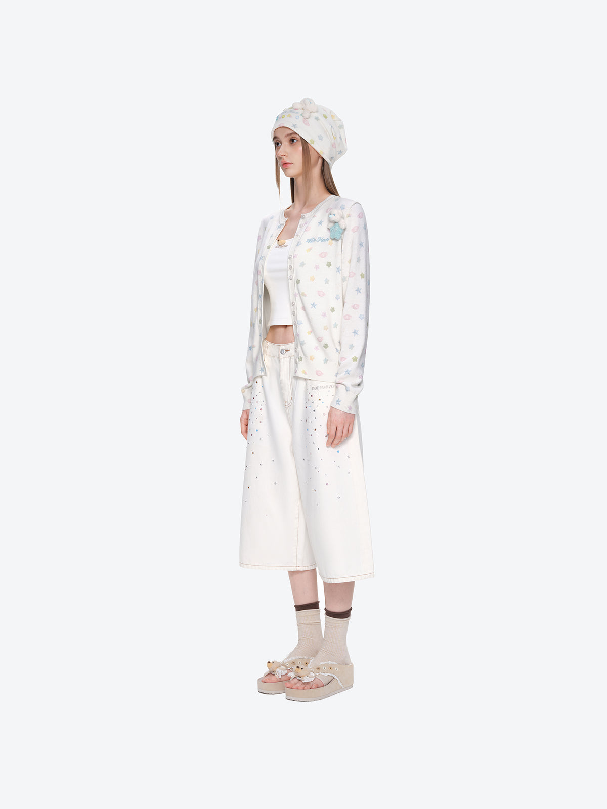 13DE MARZO All-Over Star Print Knit Beanie