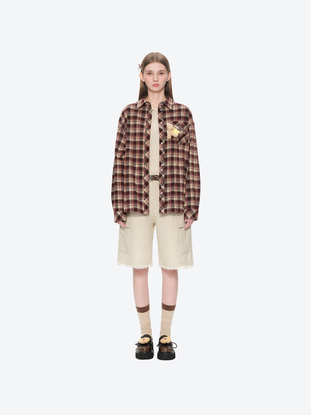 13DE MARZO Luminous Bear Long Sleeve Plaid Shirt Red