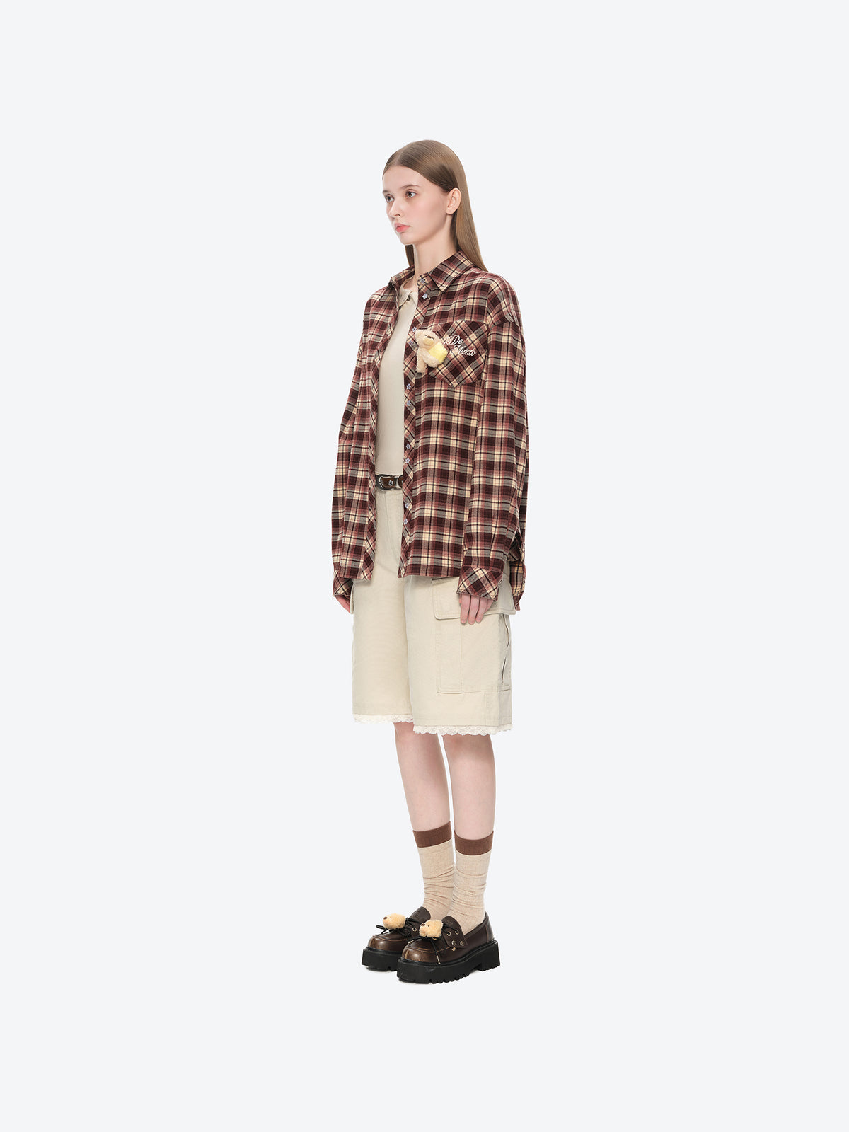13DE MARZO Luminous Bear Long Sleeve Plaid Shirt Red