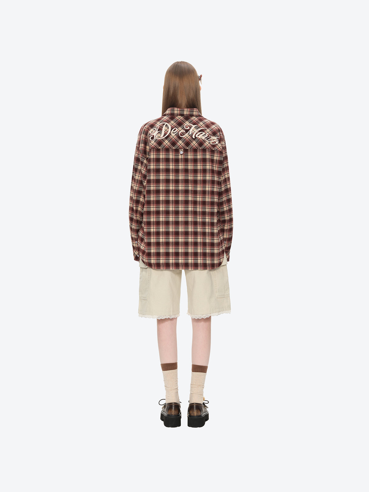 13DE MARZO Luminous Bear Long Sleeve Plaid Shirt Red