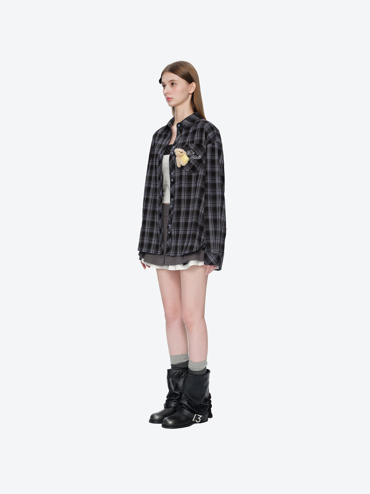 13DE MARZO Luminous Bear Long Sleeve Plaid Shirt Blue