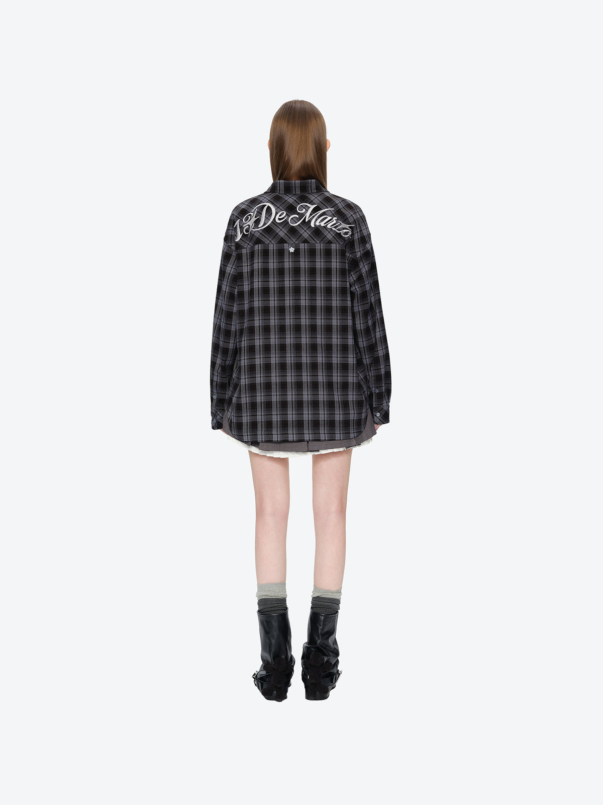 13DE MARZO Luminous Bear Long Sleeve Plaid Shirt Blue
