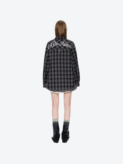 13DE MARZO Luminous Bear Long Sleeve Plaid Shirt Blue