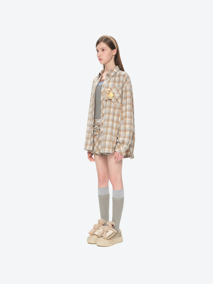 13DE MARZO Luminous Bear Long Sleeve Plaid Shirt Khaki