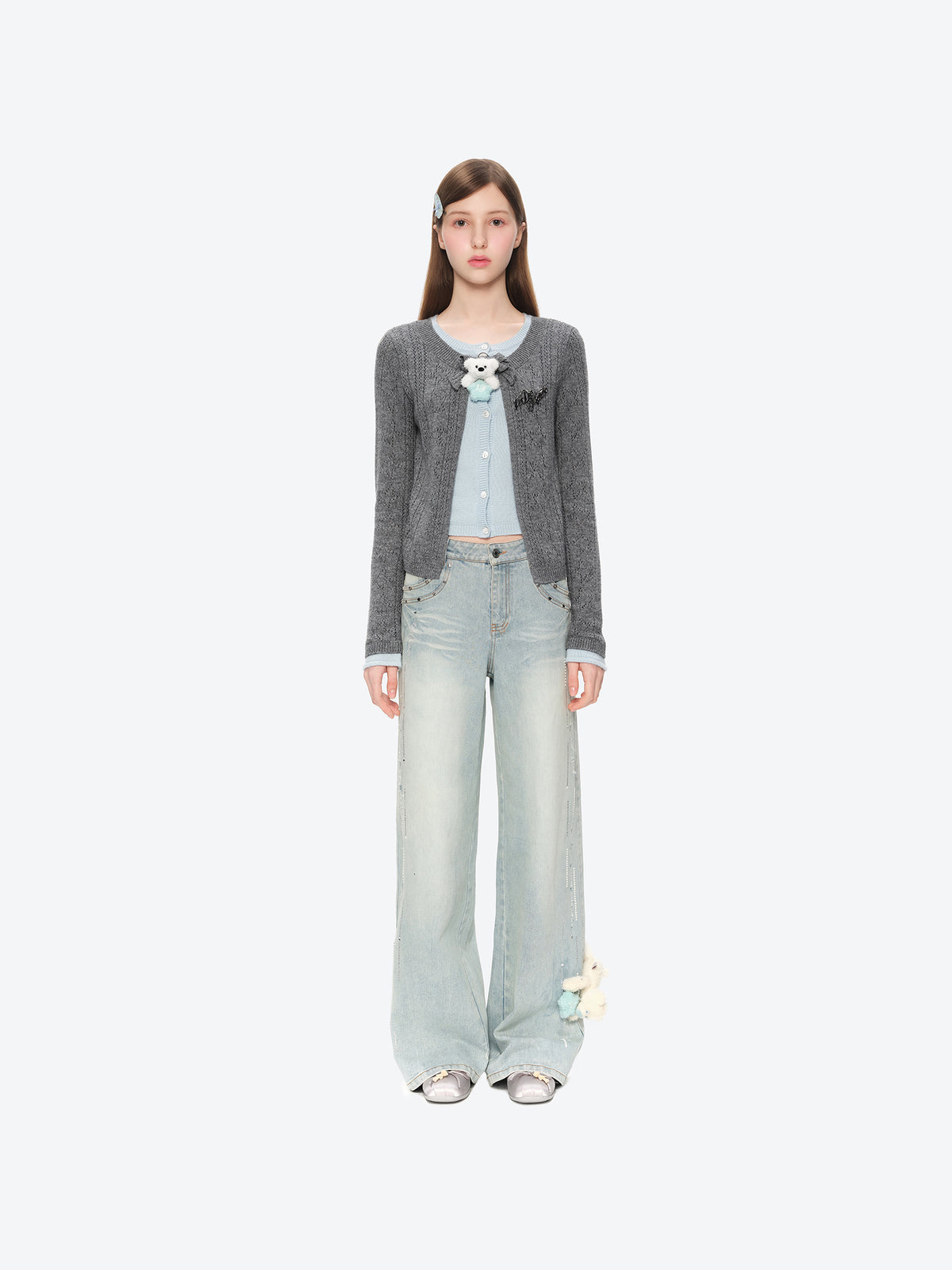 13DE MARZO Luminous Bear Layered Knit Cardigan Grey