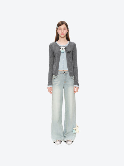 13DE MARZO Luminous Bear Layered Knit Cardigan Grey